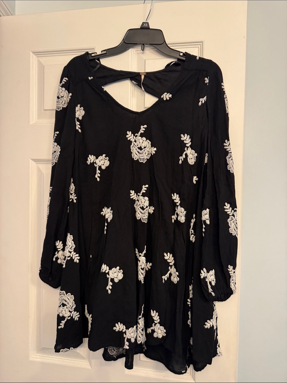 Free People Black Long Sleeve Dress with White Floral Embroidery